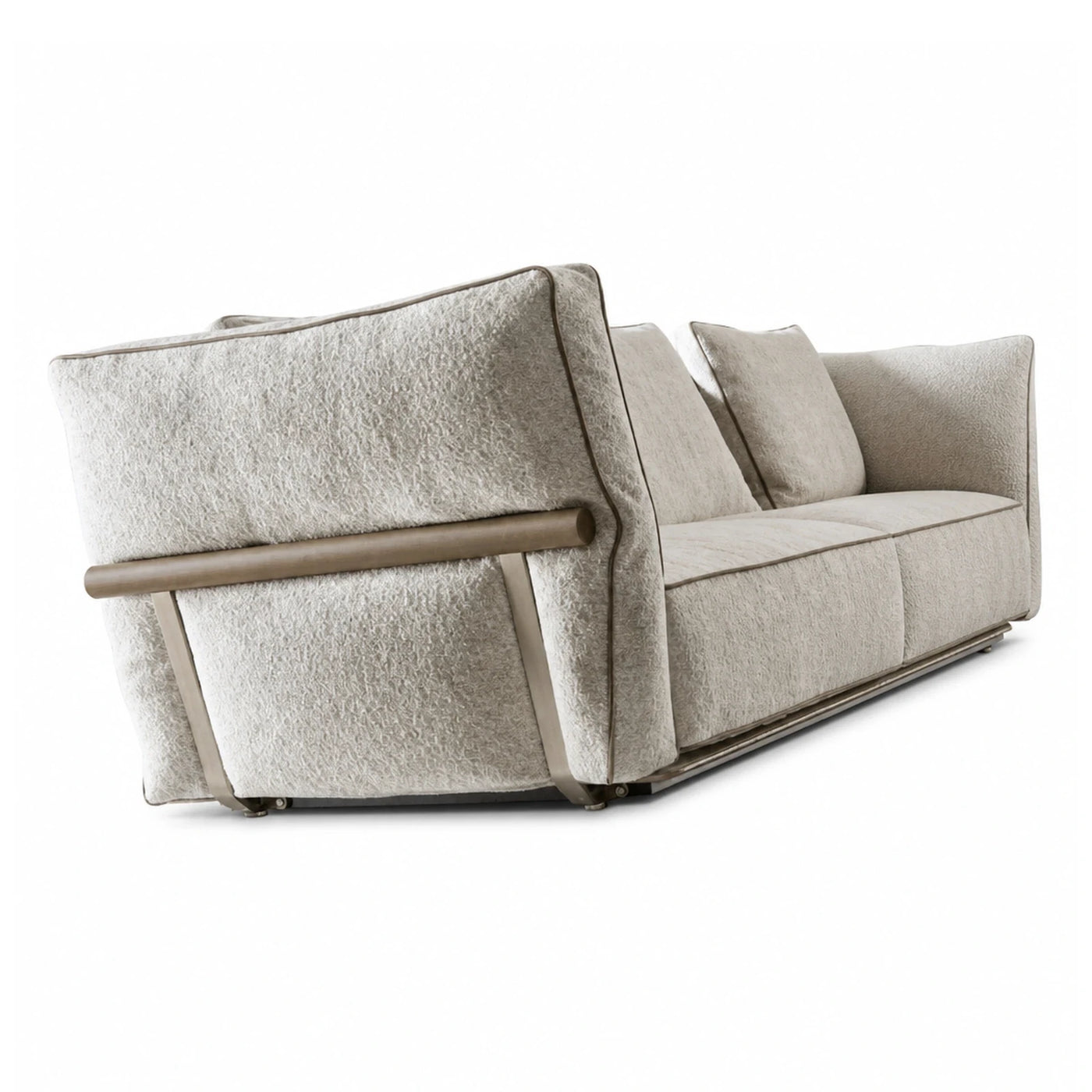 Beige Boucle Sofa with Metal Frame and Wooden Armrest