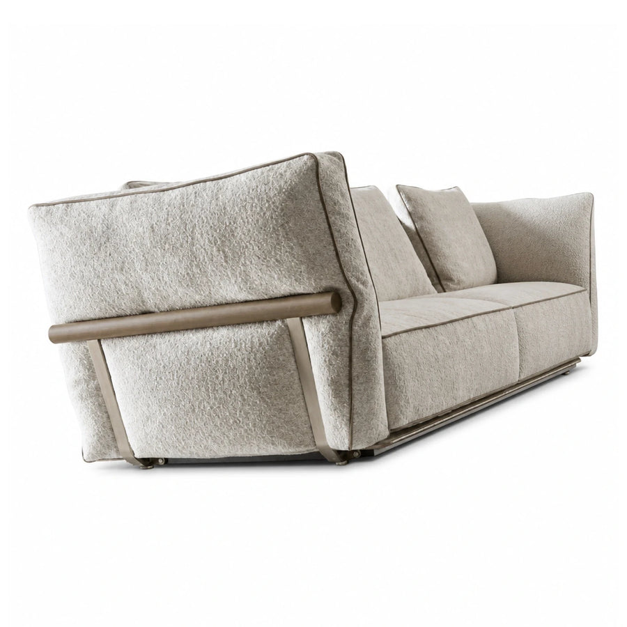 Beige Boucle Sofa with Metal Frame and Wooden Armrest