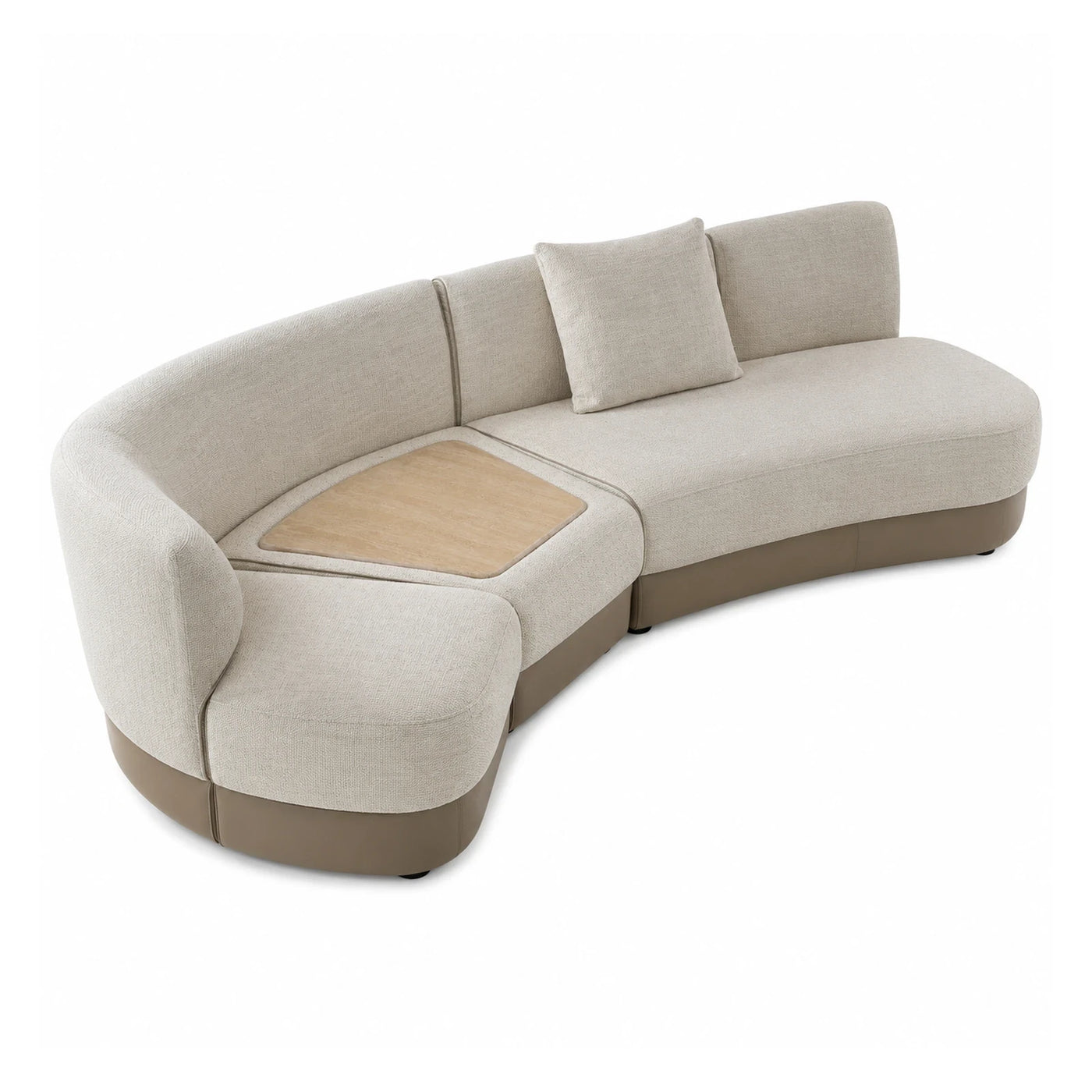 Curved Beige Fabric Sectional Sofa with Wood Table
