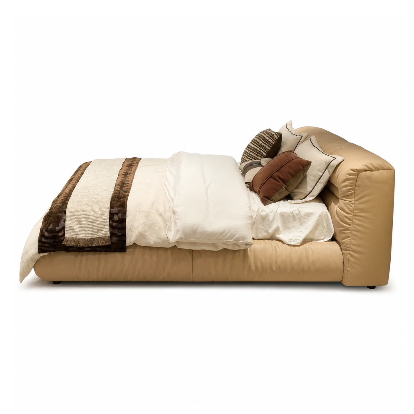 Beige Leather Upholstered Platform Bed with Padded Headboard