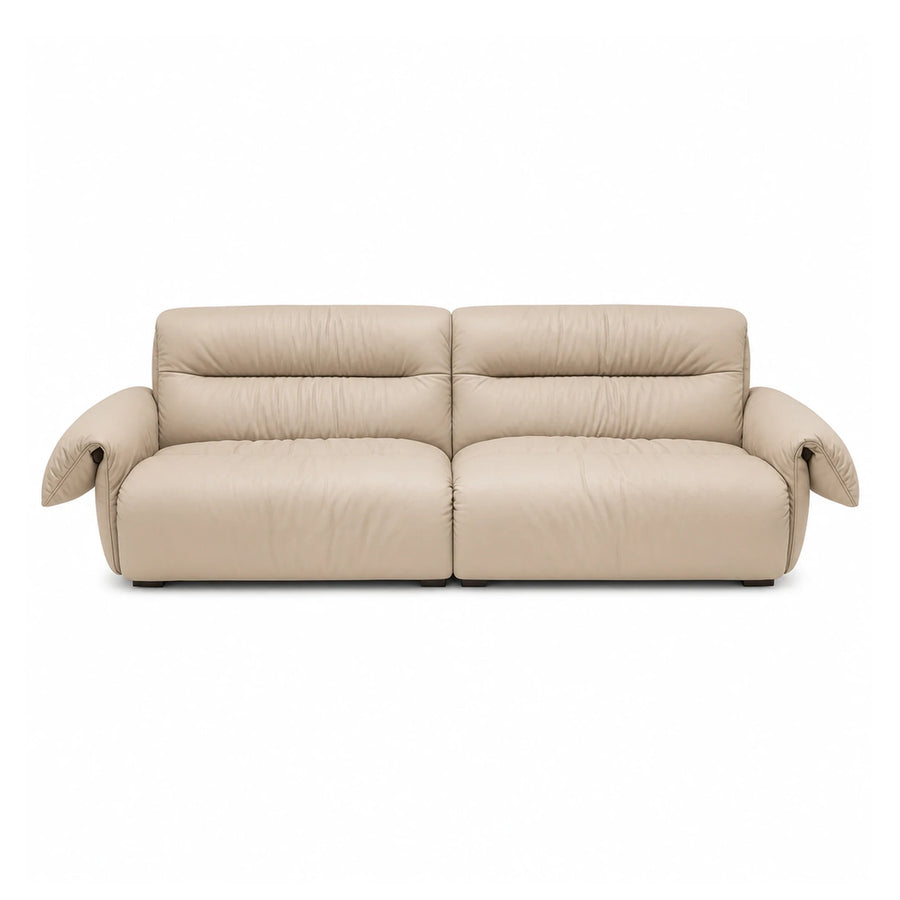 Beige Leather Two-Seater Sofa with Padded Armrests
