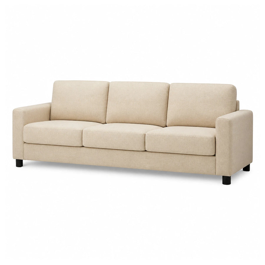 Beige Fabric Three-Seater Sofa with Black Legs