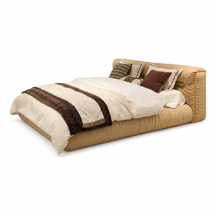 Beige Upholstered Platform Bed with Padded Headboard