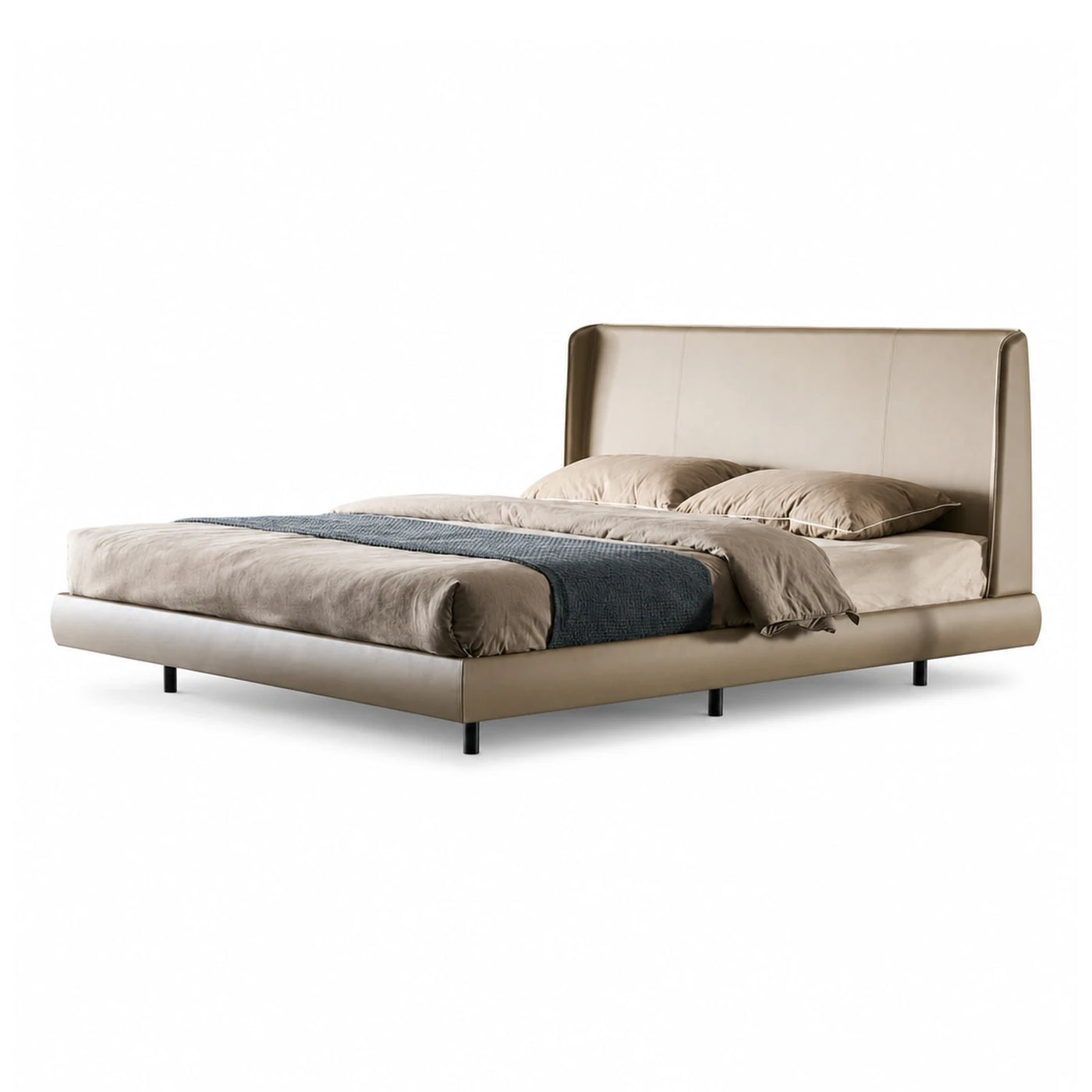 Beige Leather Upholstered Platform Bed with Tall Headboard