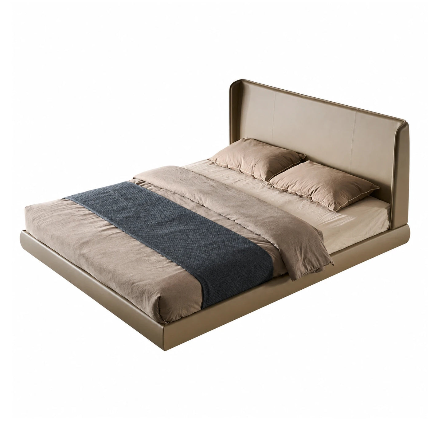 Beige Leather Upholstered Platform Bed with High Headboard