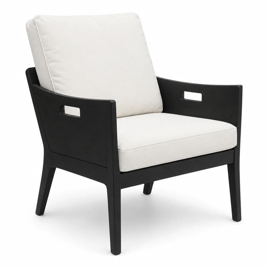 Black Wood Frame Armchair with White Cushions