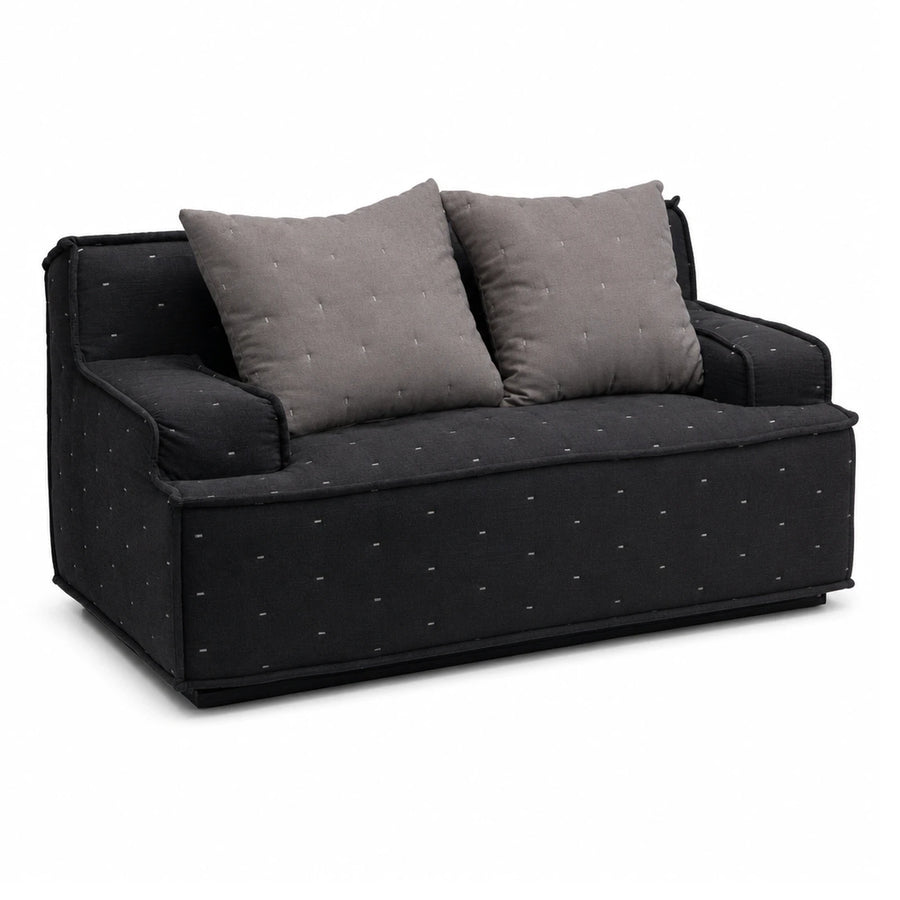 Black Fabric Sofa with Grey Tufted Pillows