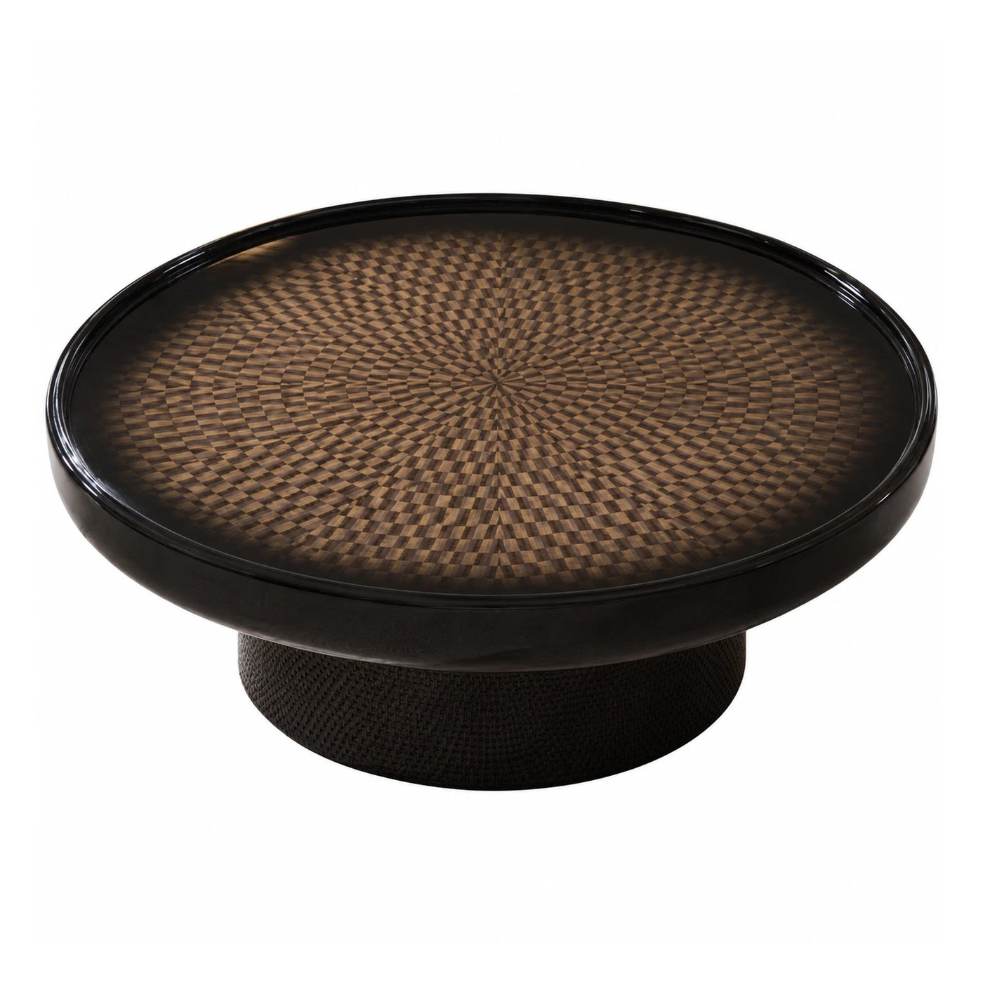 Round Black Coffee Table with Woven Wood Inlay Top