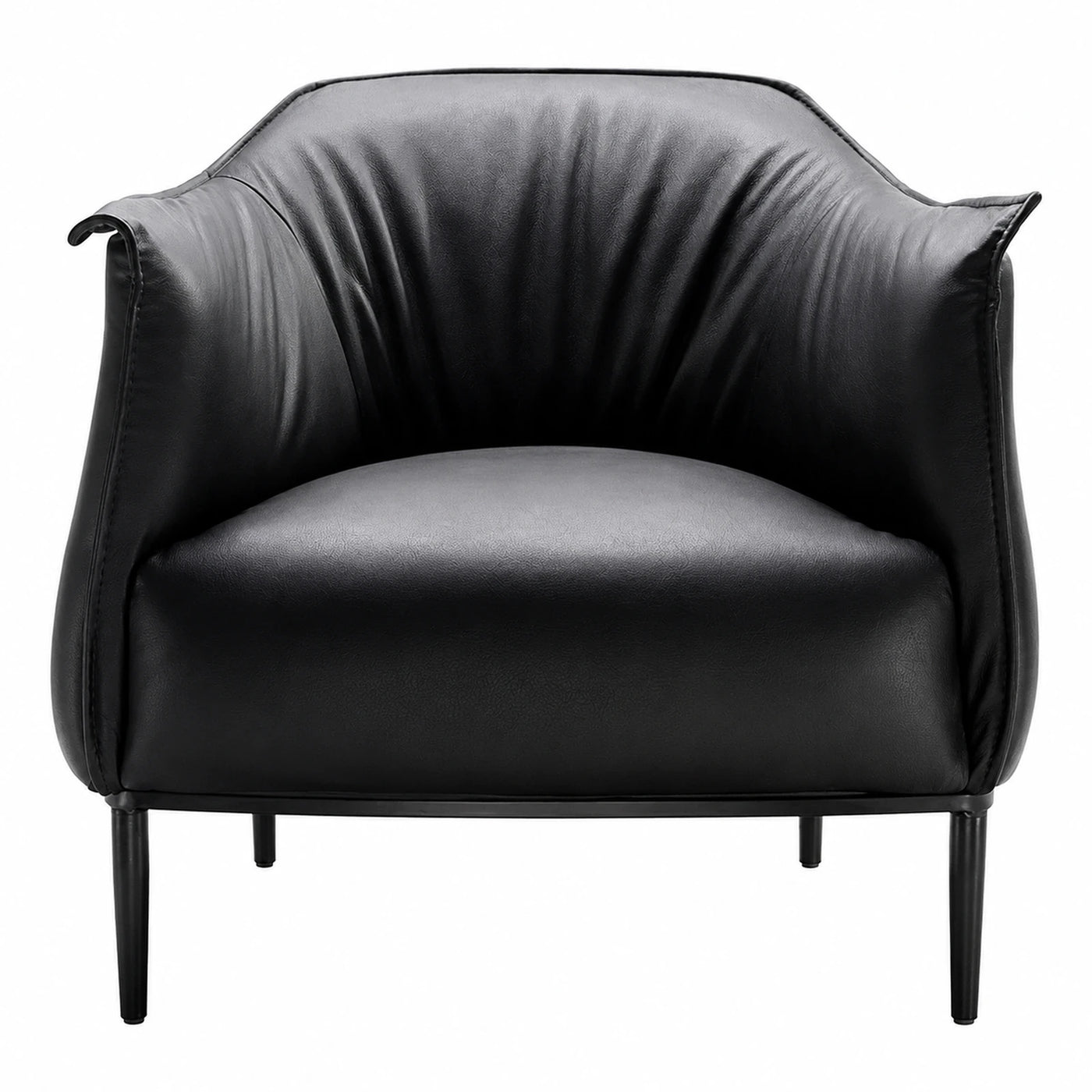 Black Leather Armchair with Curved Backrest and Tapered Legs