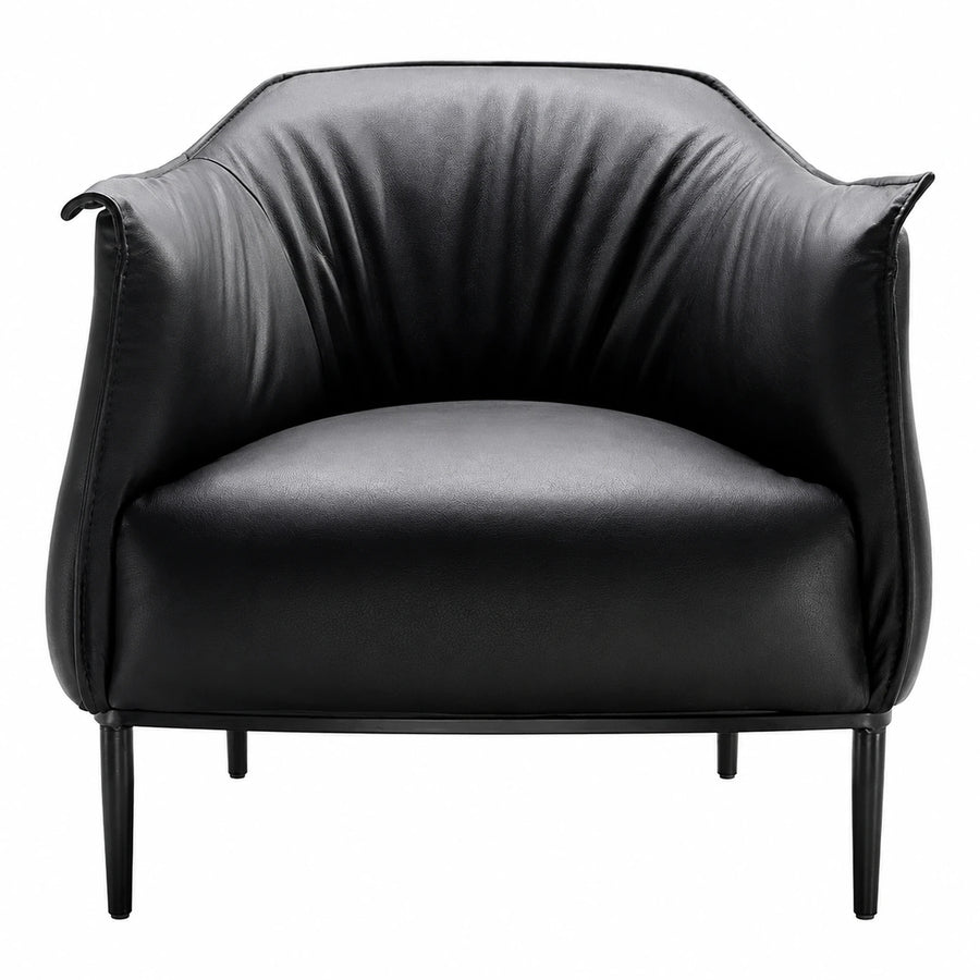 Black Leather Armchair with Curved Backrest and Tapered Legs