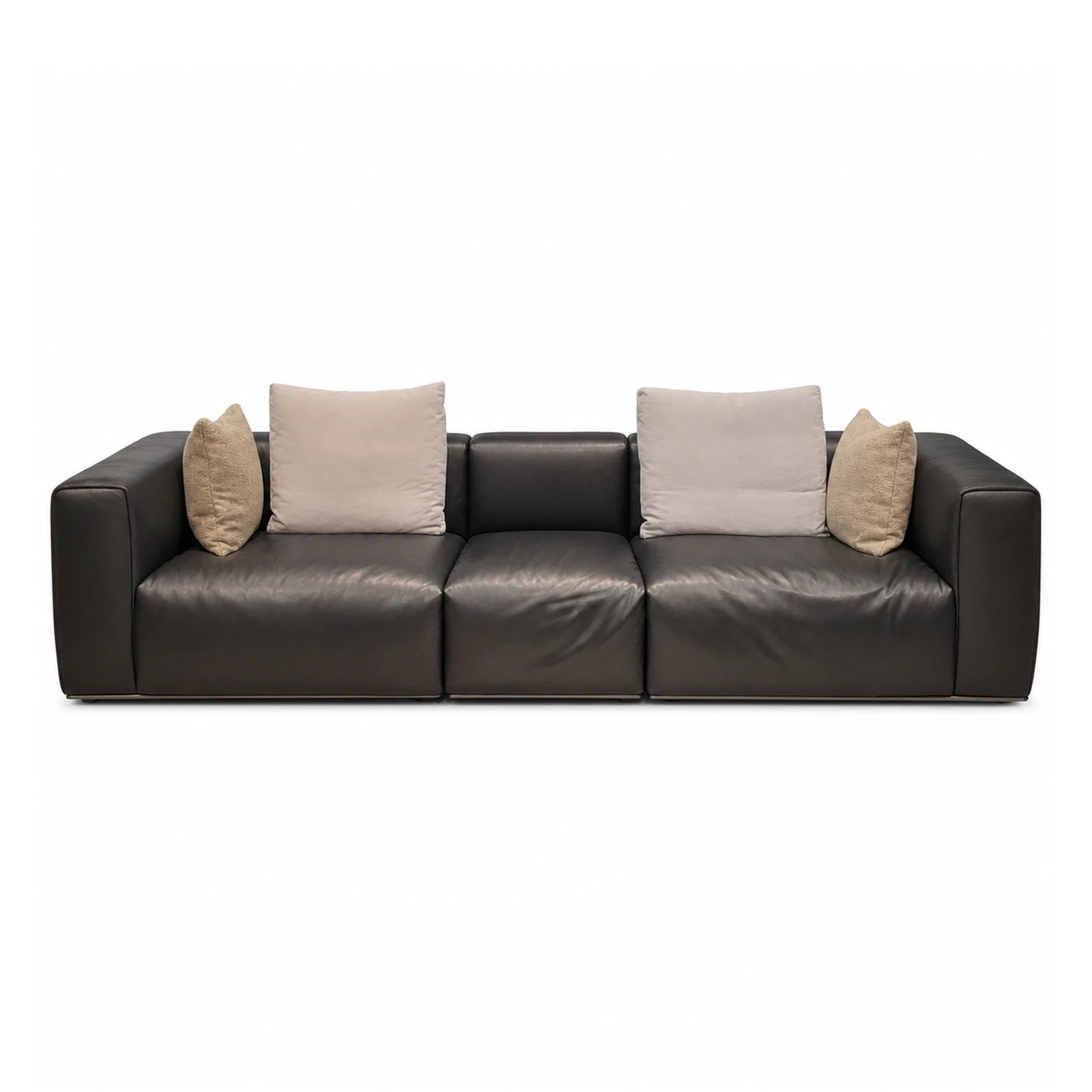 Dark Brown Leather Modular Sofa with Beige Cushions