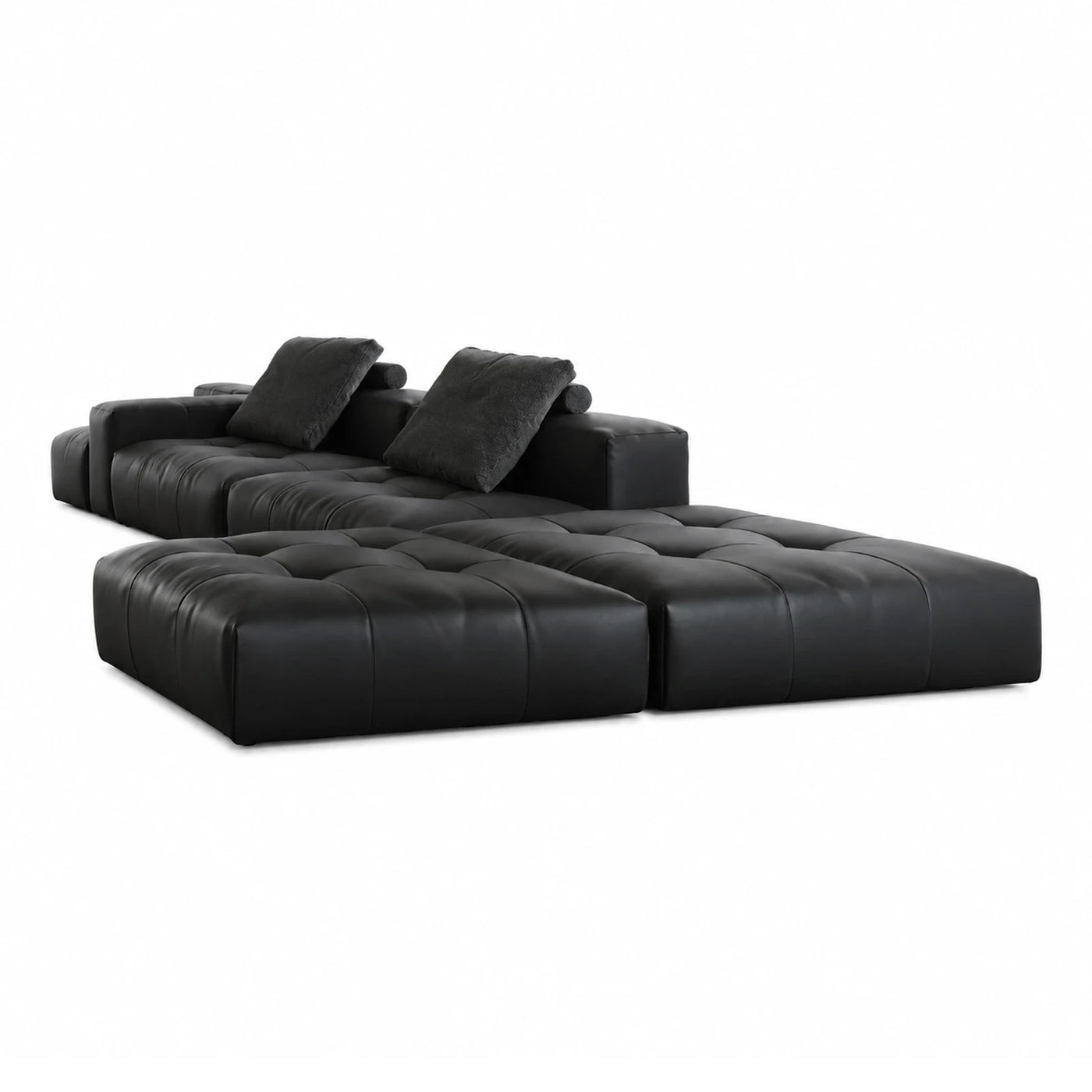 Black Modular Leather Sectional Sofa with Tufted Cushions
