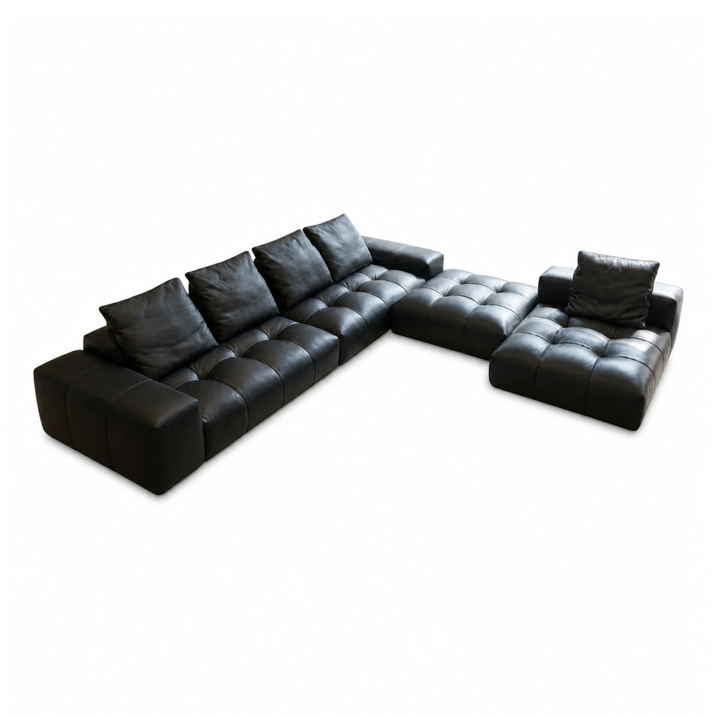 Black Leather Modular Sectional Sofa with Tufted Cushions