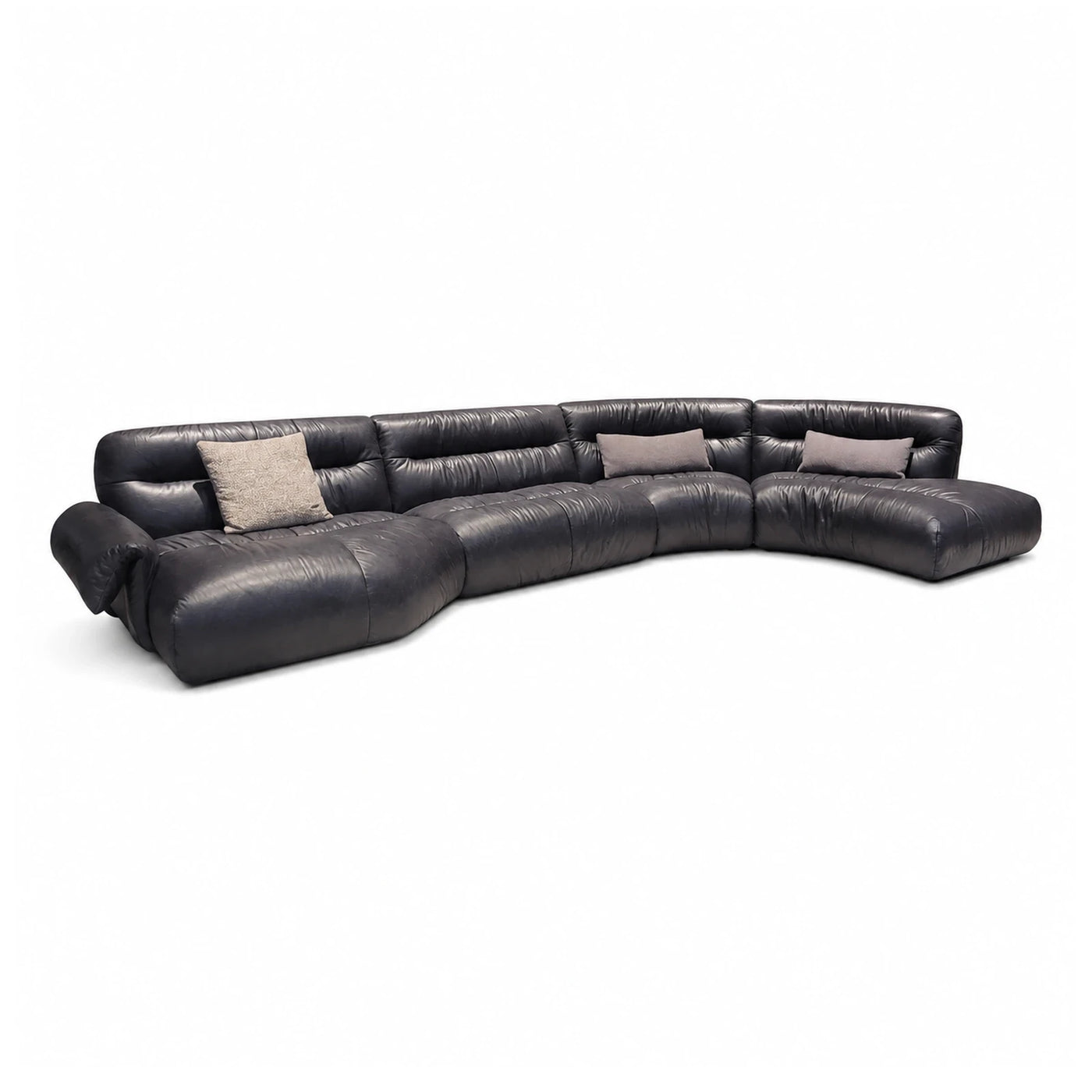 Linear Black Leather Curved Sectional Sofa with Pillows Sectionals