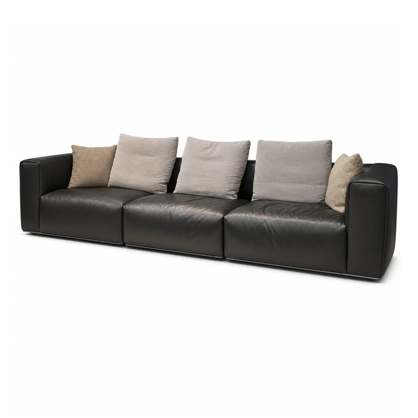 Black Leather Modular Sofa with Beige Cushions