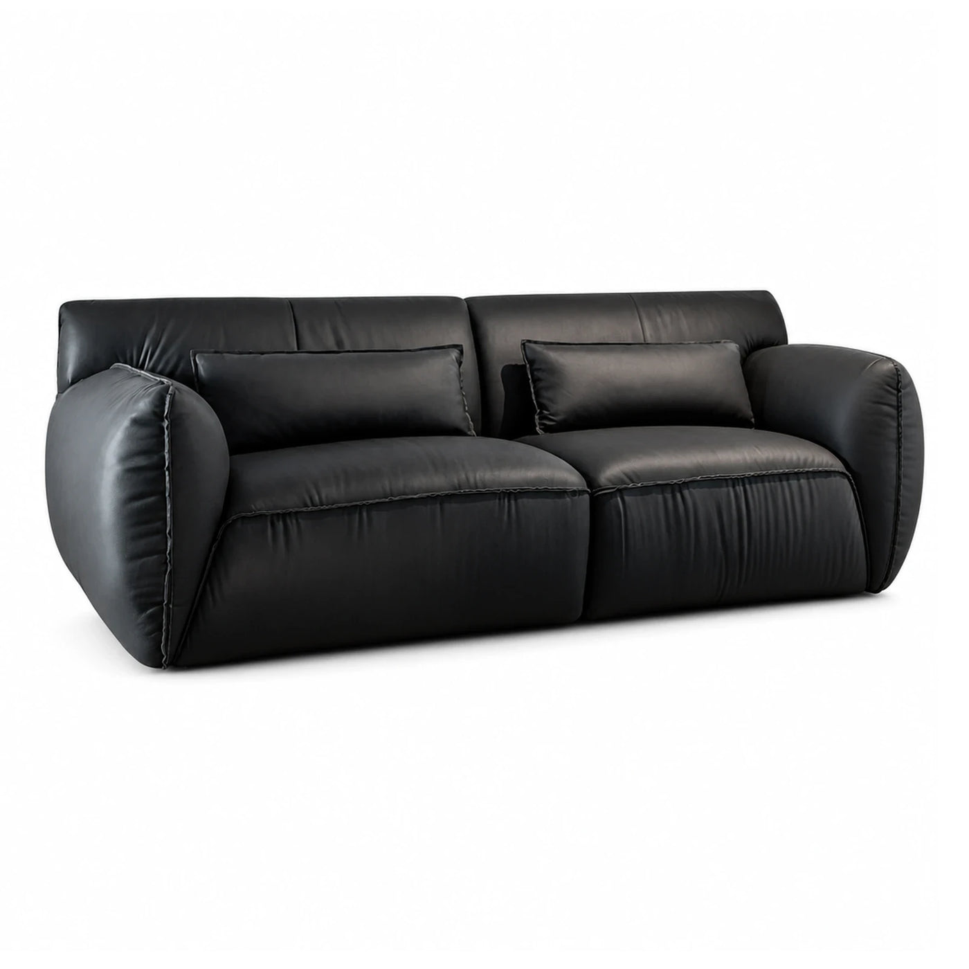 Black Leather Two-Seater Sofa with Pillows