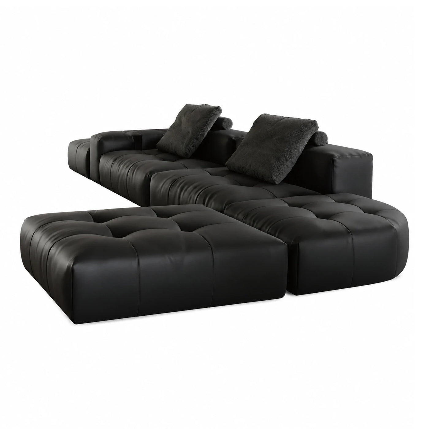 Black Modular Leather Sectional Sofa with Tufted Cushions