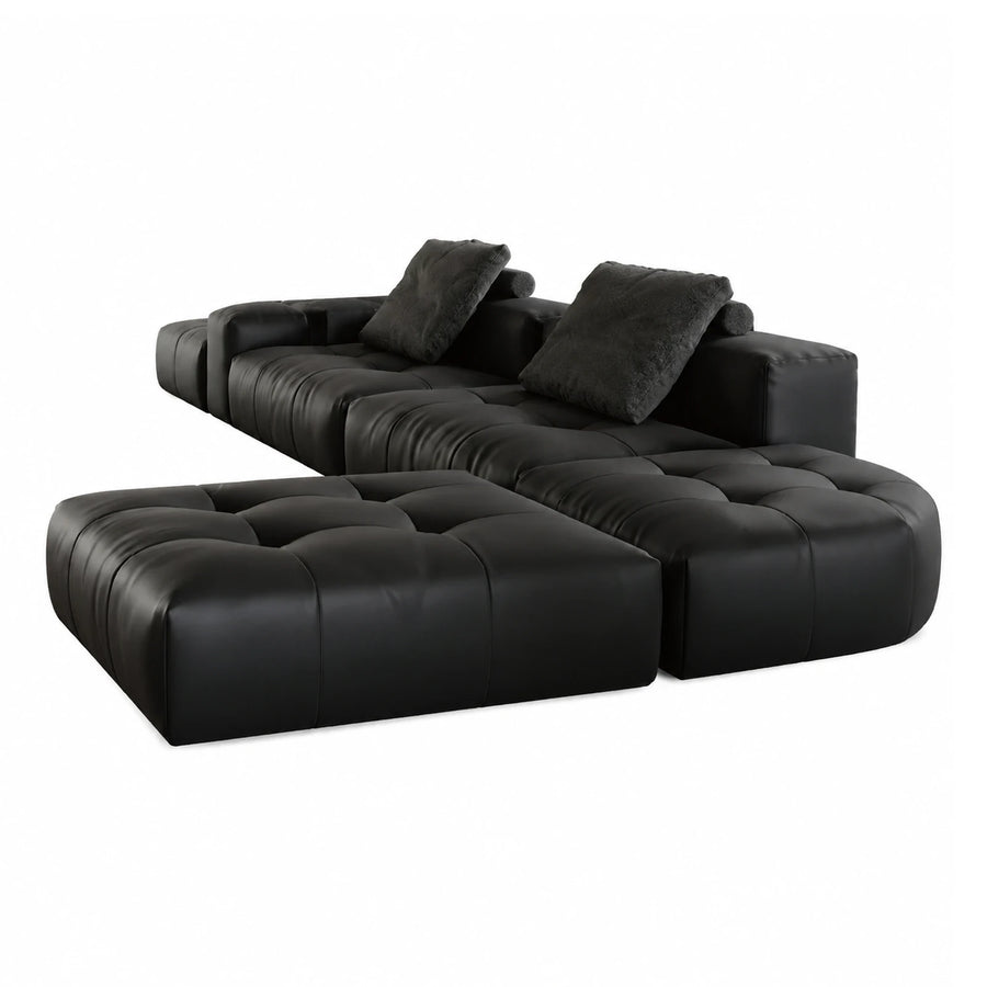 Black Modular Leather Sectional Sofa with Tufted Cushions