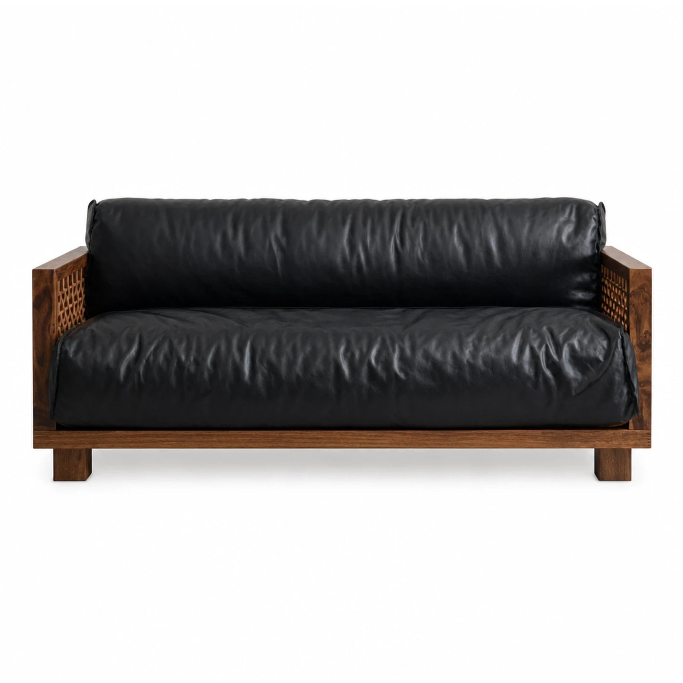 Black Leather Sofa with Wooden Frame and Cane Details