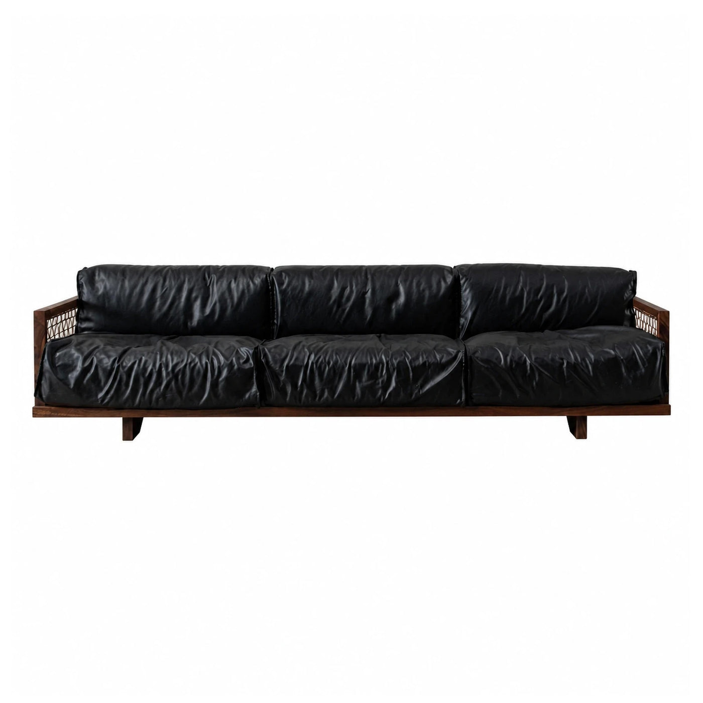 Black Leather Three-Seater Sofa with Wooden Frame