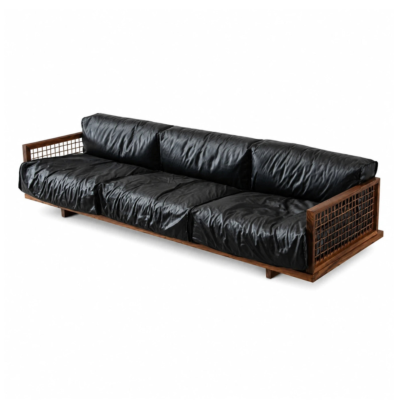 Black Leather Sofa with Wooden Lattice Frame