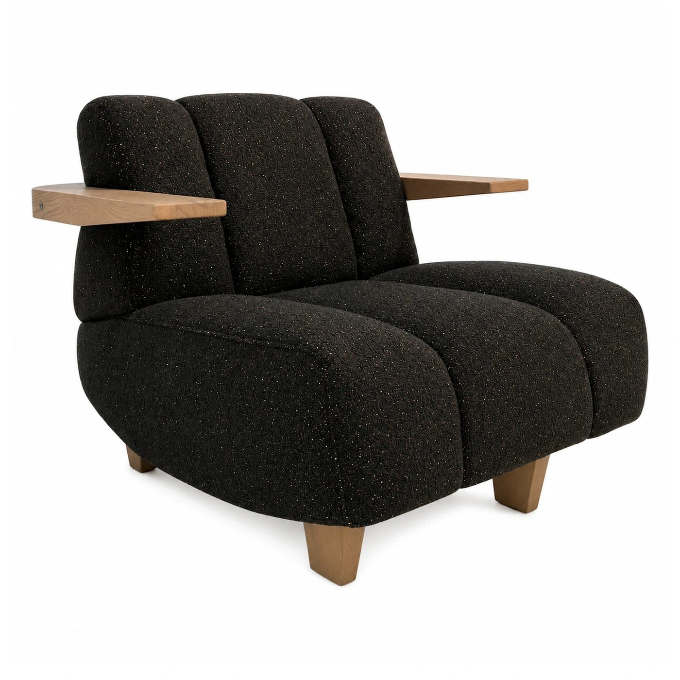 Black Boucle Three-Seat Sofa with Wooden Armrests