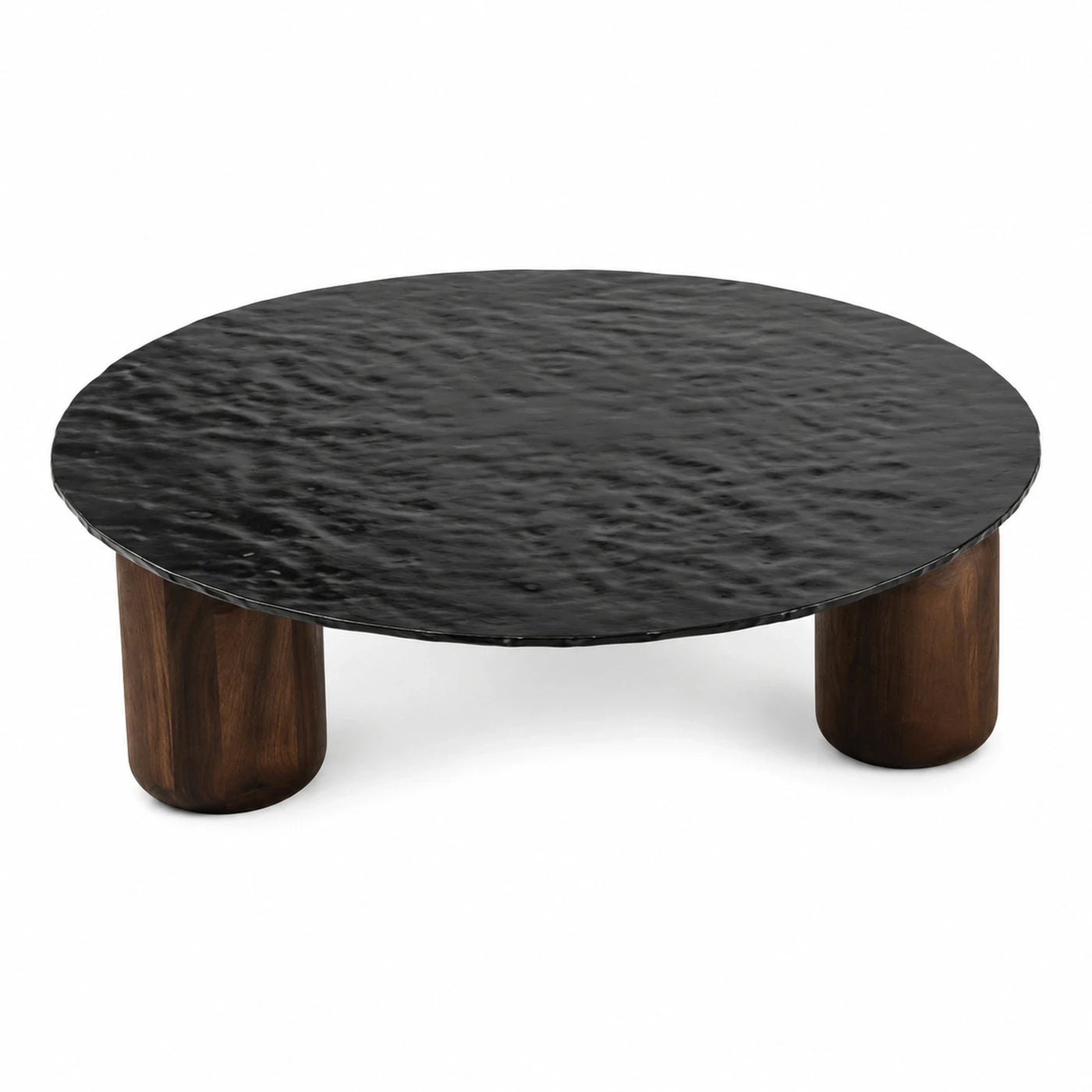 Round Black Stone Coffee Table with Wood Legs