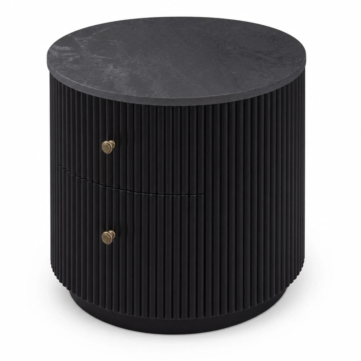 Black Fluted Round Side Table with Marble Top