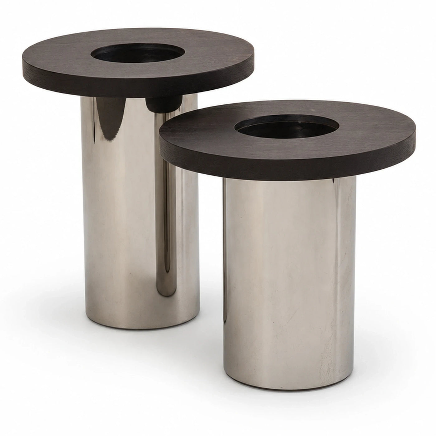 Set of Two Round Metal Side Tables with Dark Wood Tops