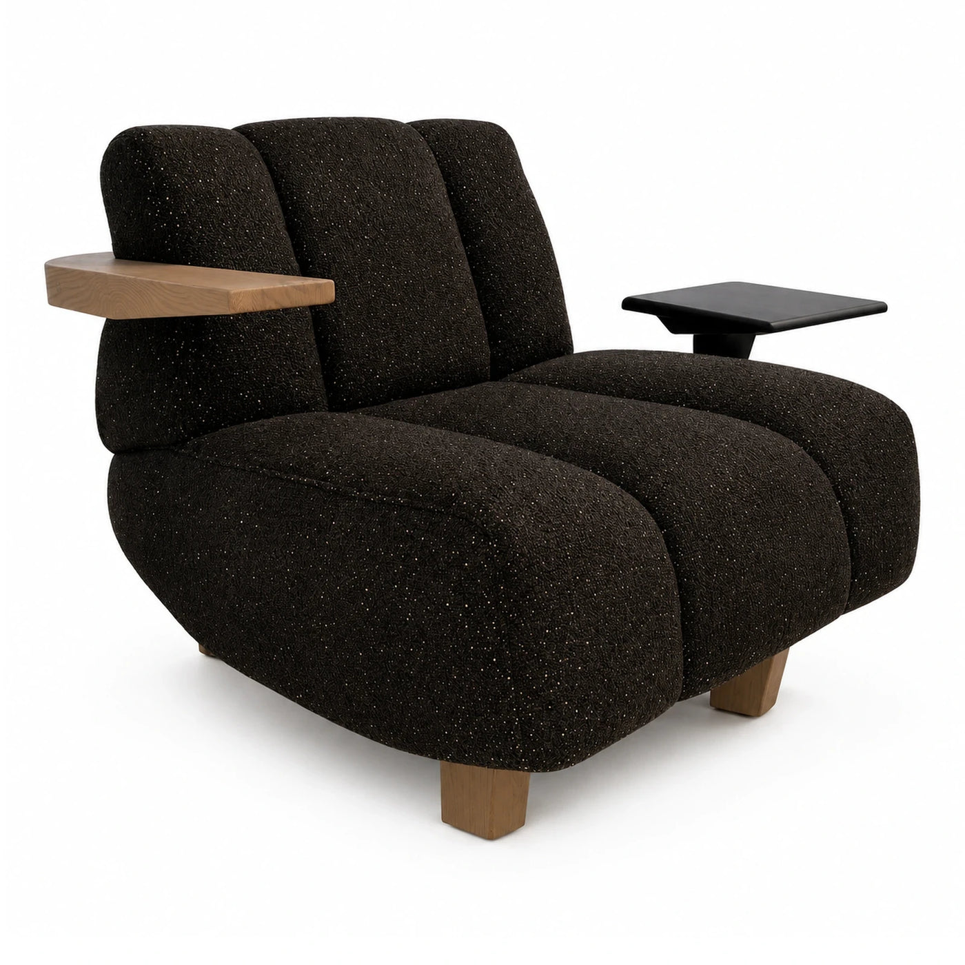Black Boucle Two-Seater Sofa with Wooden Side Tables