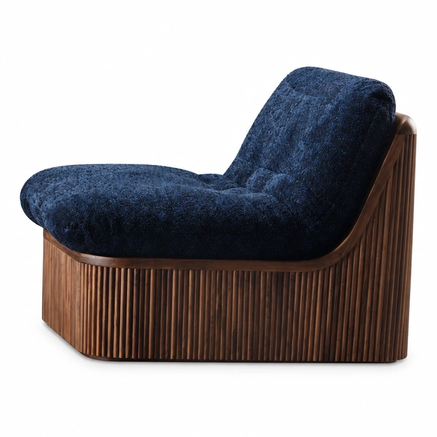 Blue Velvet Lounge Chair with Fluted Wood Base