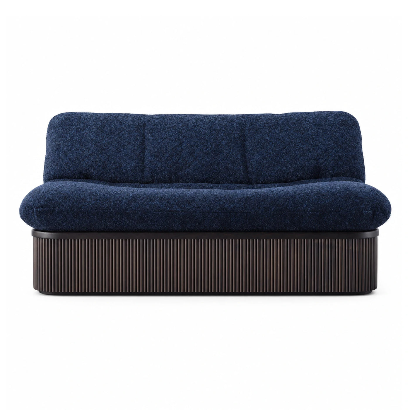 Navy Blue Boucle Sofa with Fluted Wood Base