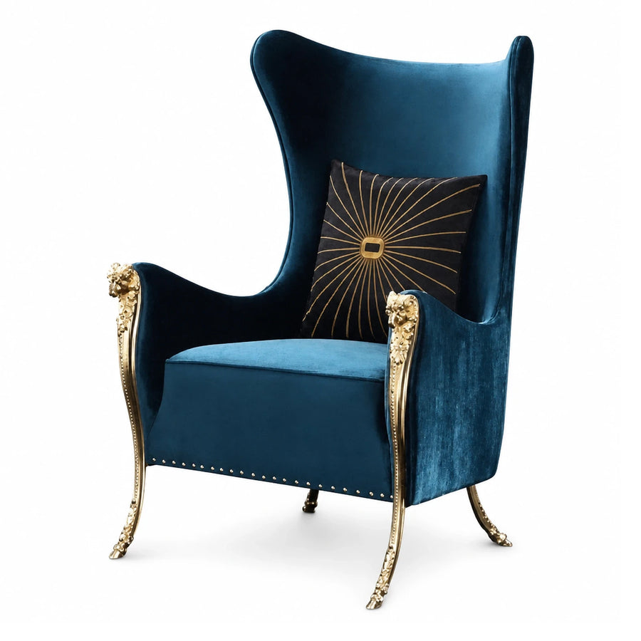 Blue Velvet Wingback Armchair with Gold Metal Frame