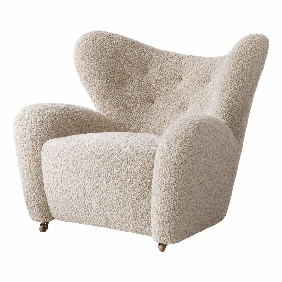 Cream Boucle Wingback Armchair with Metal Casters