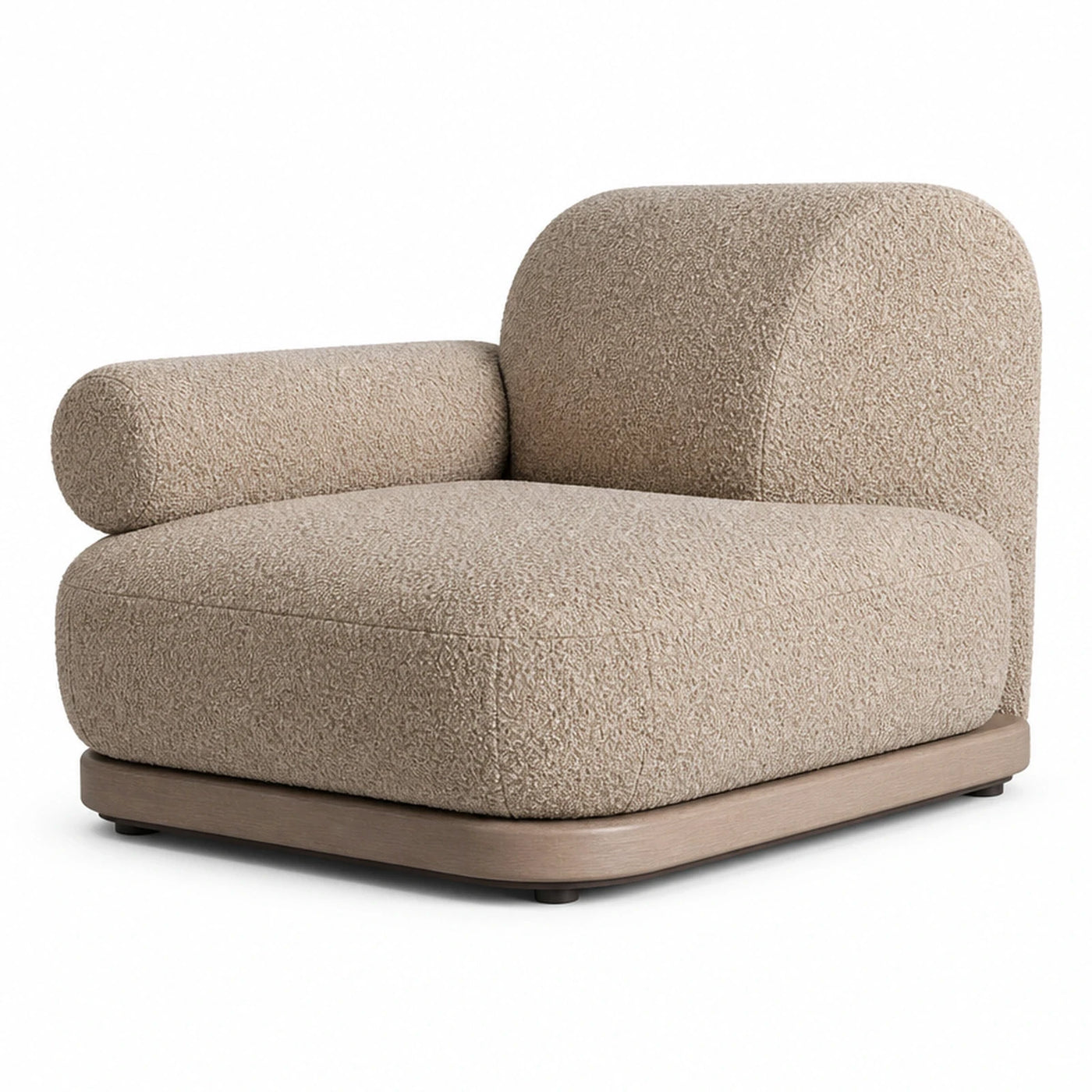 Beige Boucle Lounge Chair with Wooden Base