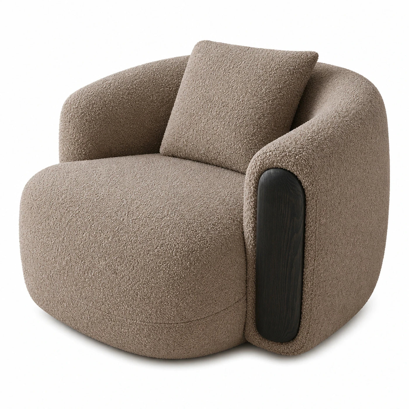 Beige Boucle Lounge Chair with Dark Wood Accent
