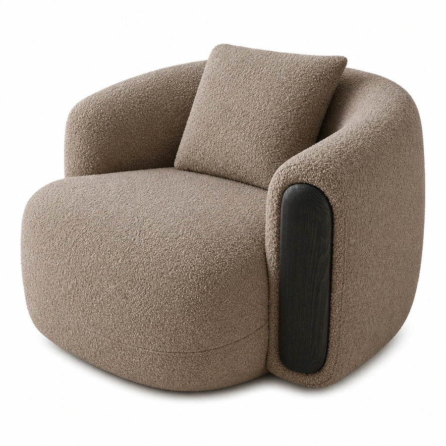 Beige Boucle Lounge Chair with Dark Wood Accent