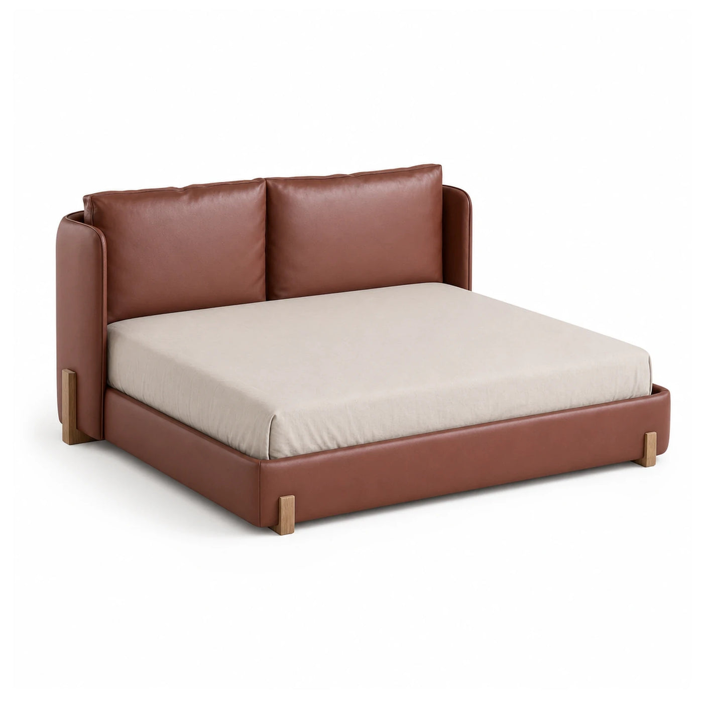 Brown Leather Platform Bed with Wooden Legs