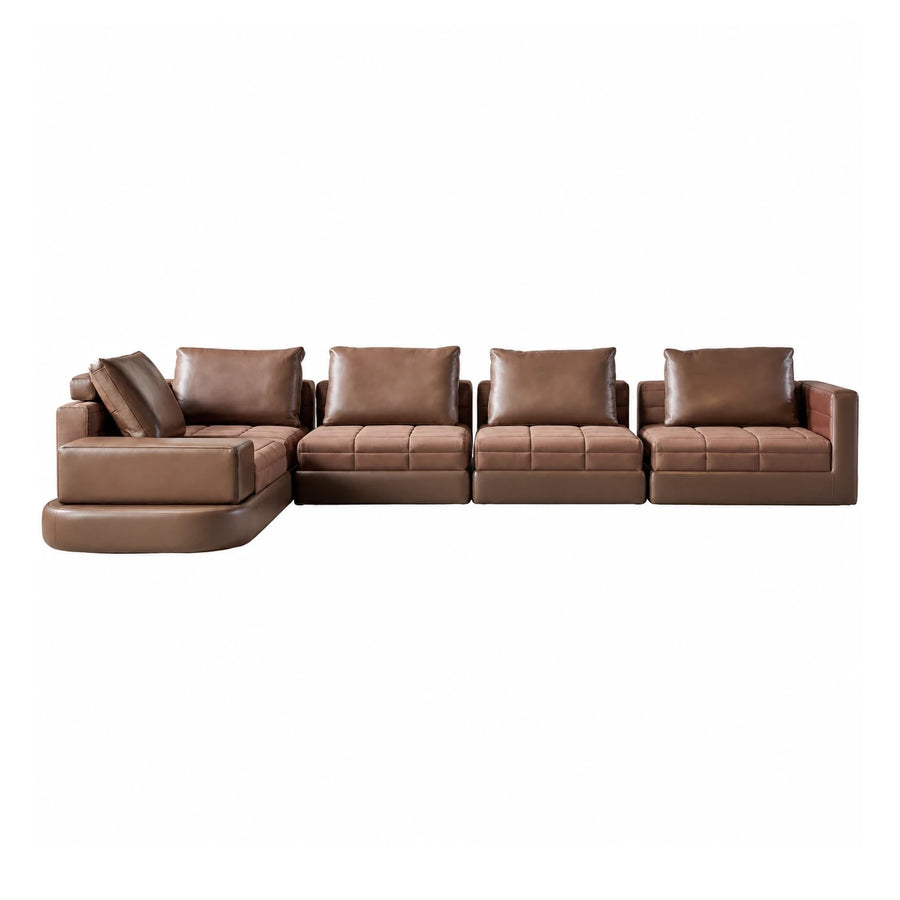 Wide Plank Brown Leather Modular Sectional Sofa with Chaise Sectionals