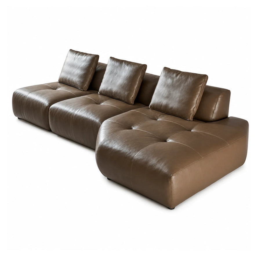 Brown Leather Modular Sectional Sofa with Tufted Cushions