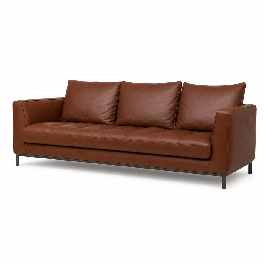 Wide Plank Brown Leather Three-Seater Sofa with Metal Legs Sofas