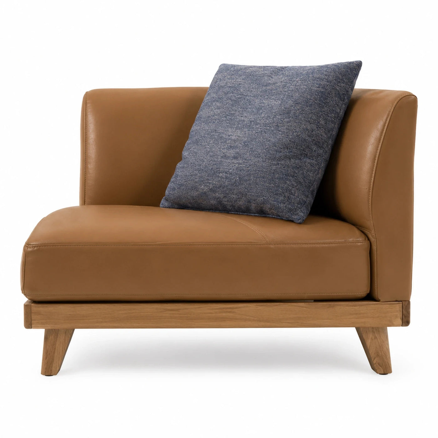 Brown Leather Armchair with Wooden Base and Blue Pillow