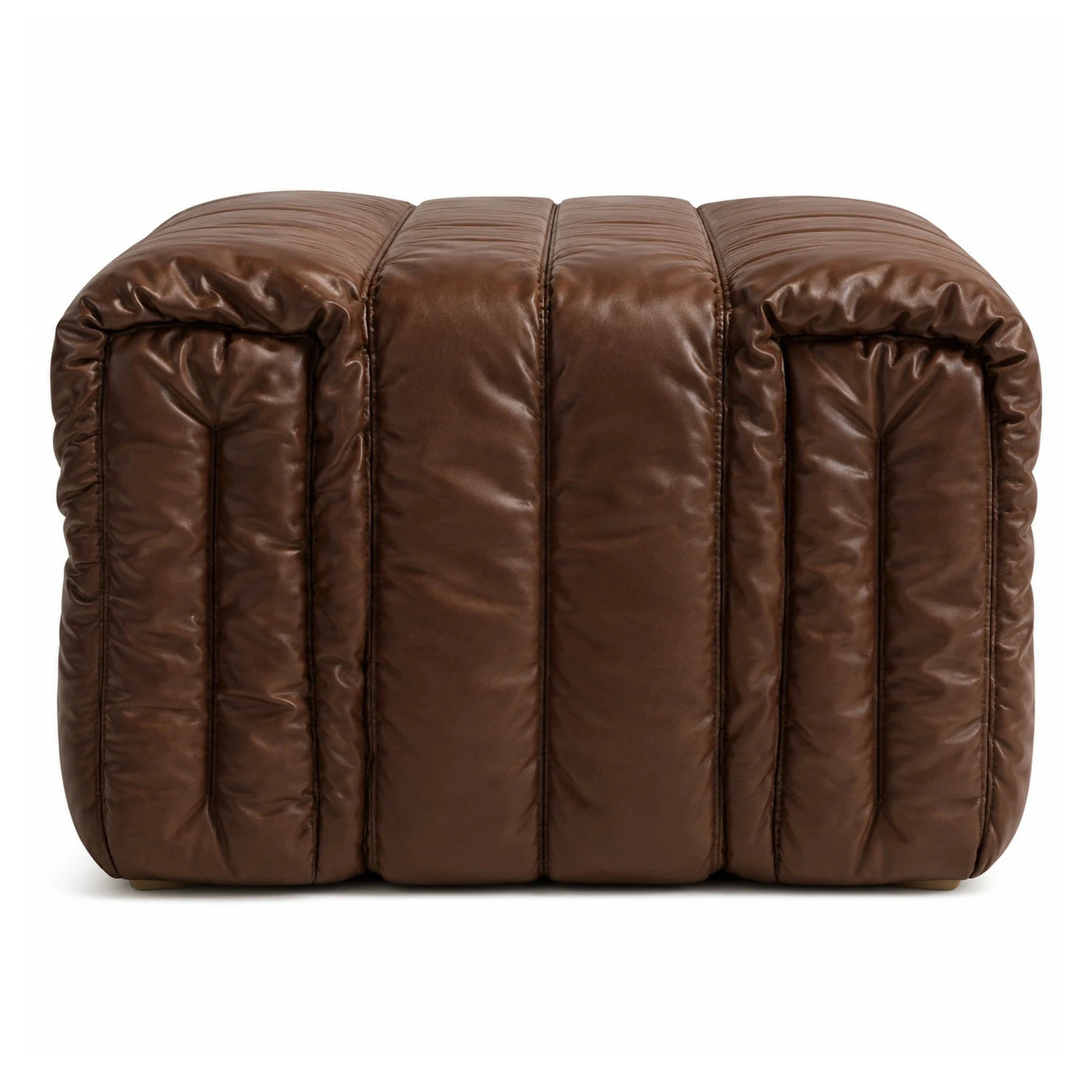 Brown Leather Padded Ottoman with Vertical Stitching
