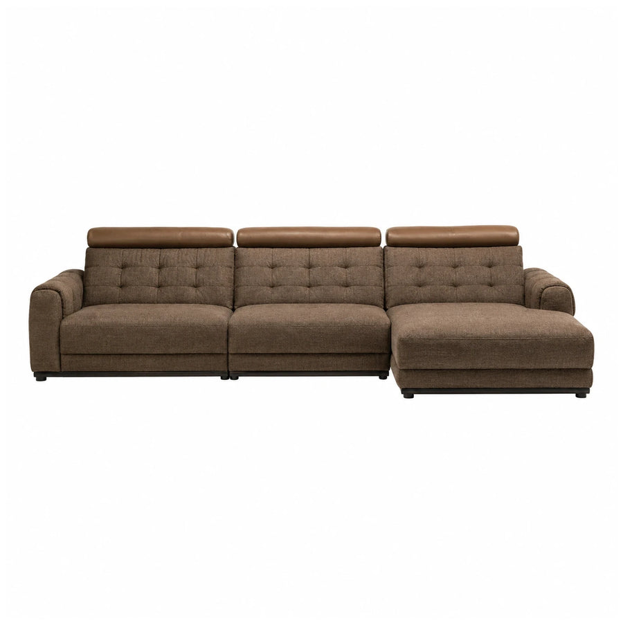 Brown Fabric Sectional Sofa with Leather Headrests