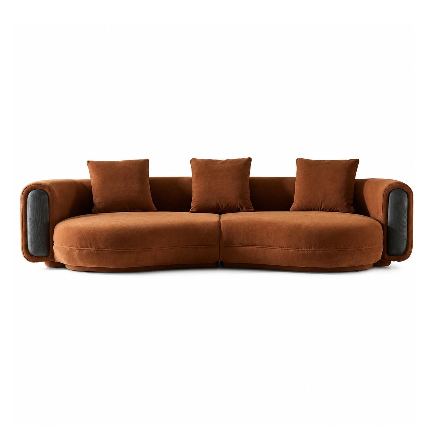 Brown Velvet Modular Sofa with Dark Wood Armrests