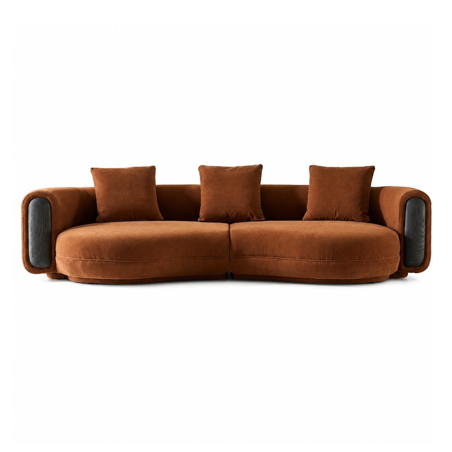 Brown Velvet Modular Sofa with Dark Wood Armrests