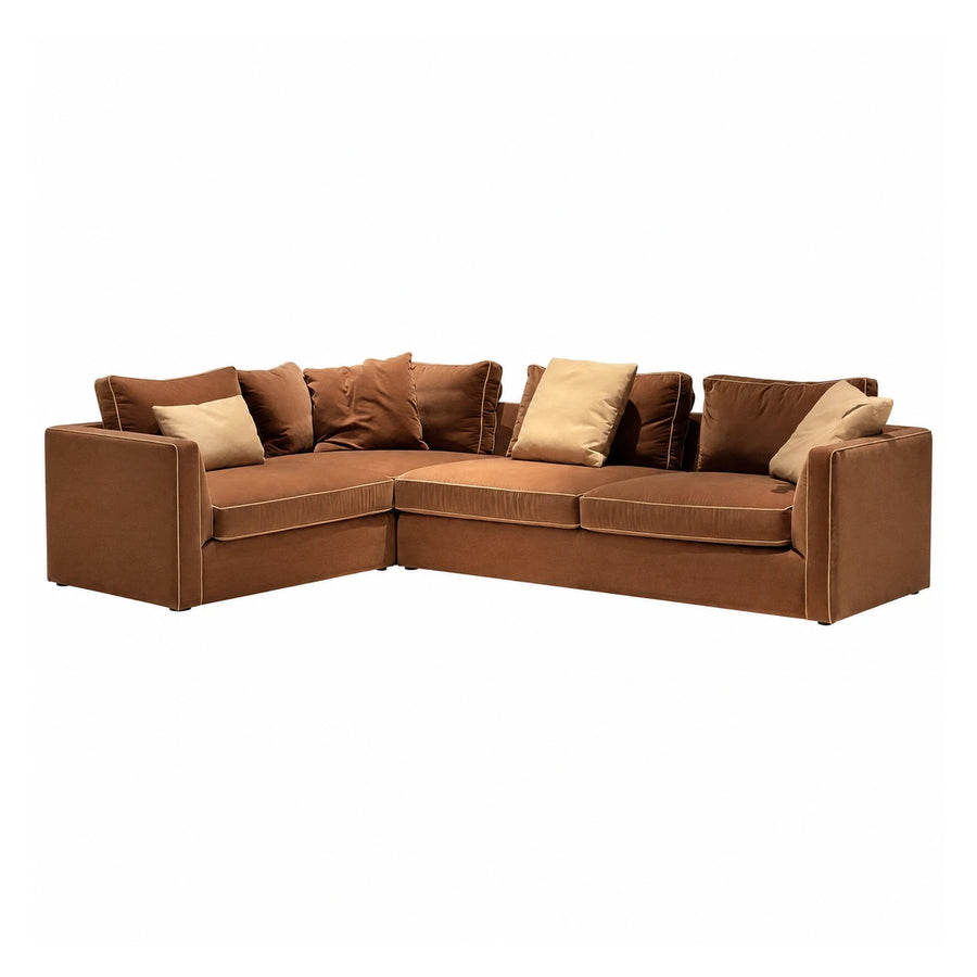 Brown Fabric L-Shaped Sectional Sofa with Contrast Piping