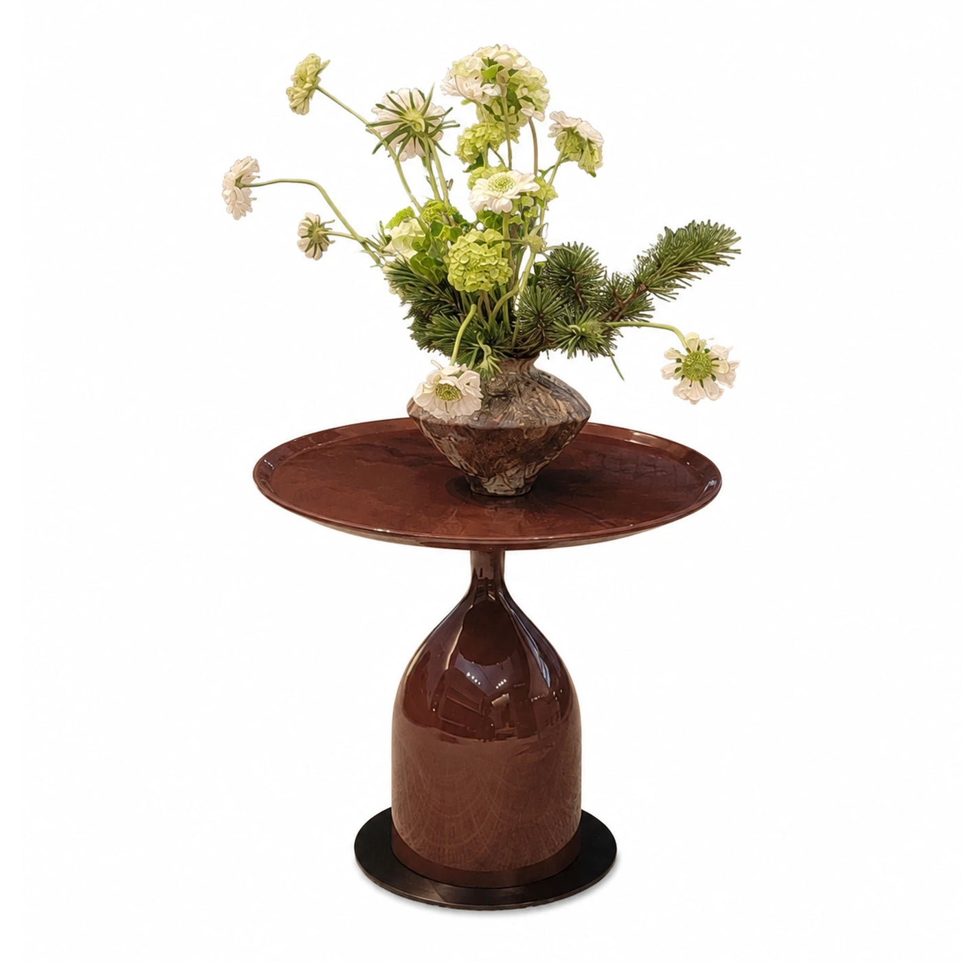 Brown Ceramic Pedestal Side Table with Round Top