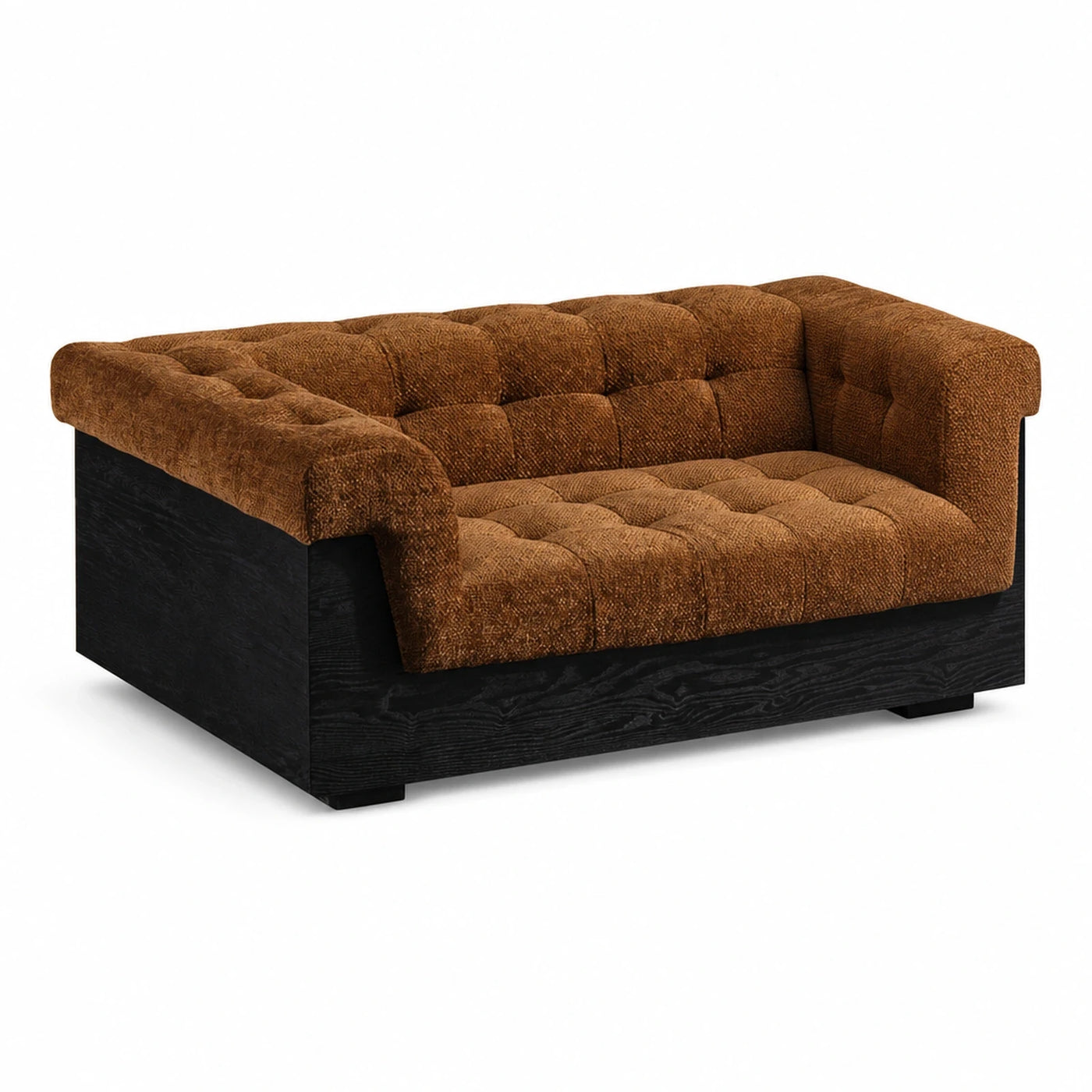 Brown Tufted Boucle Sofa with Black Wood Base