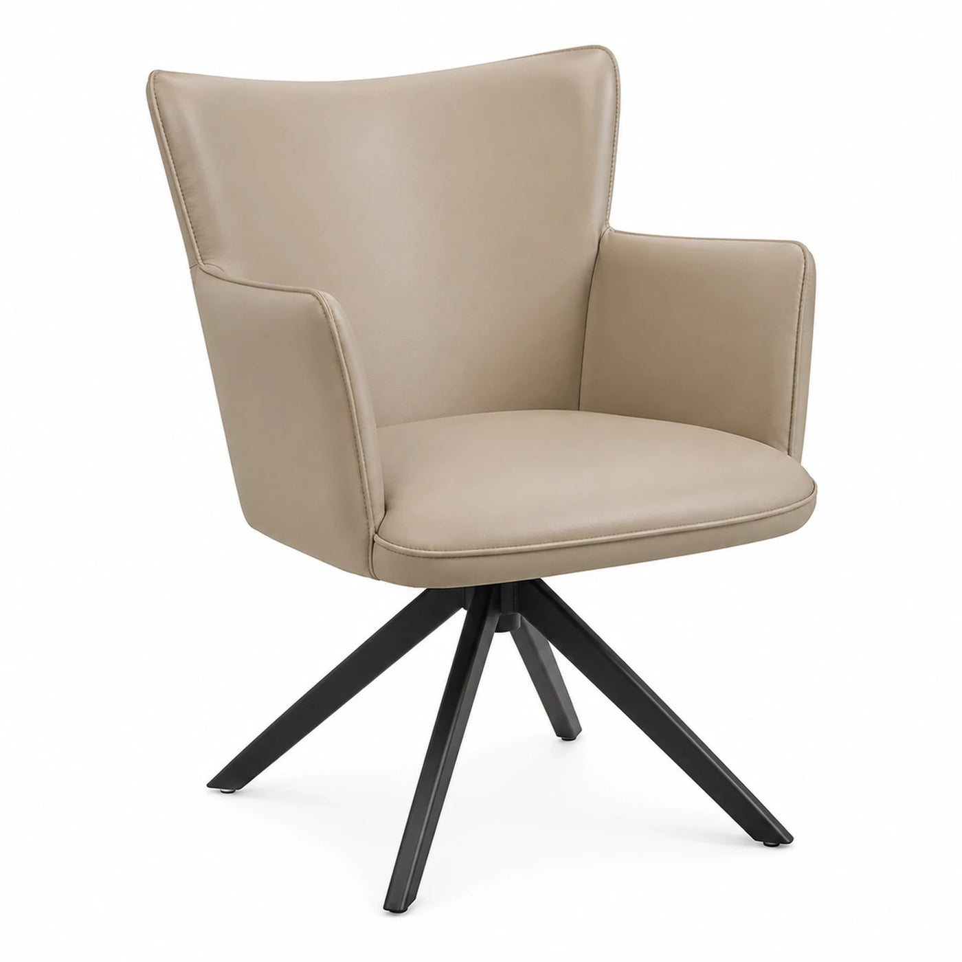 Beige Leather Swivel Armchair with Black Metal Base